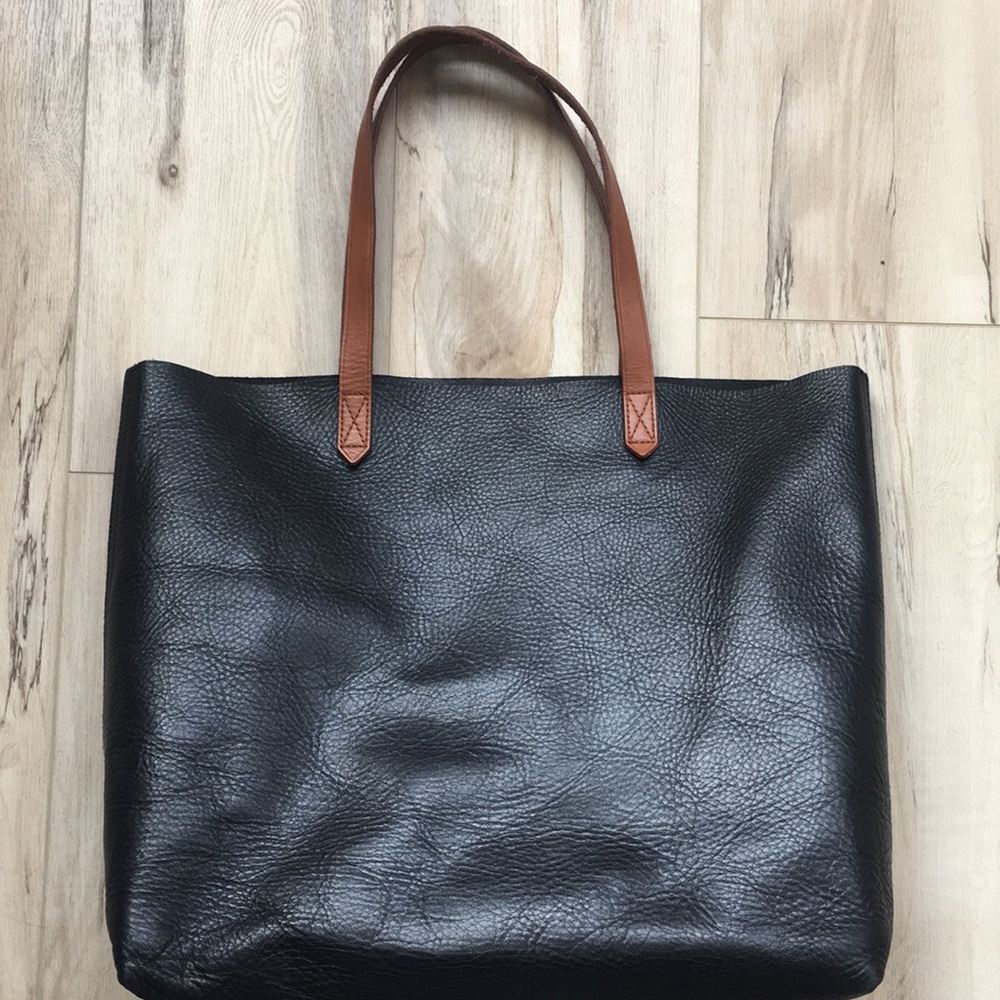 Madewell Black Leather Tote with Brown Handles